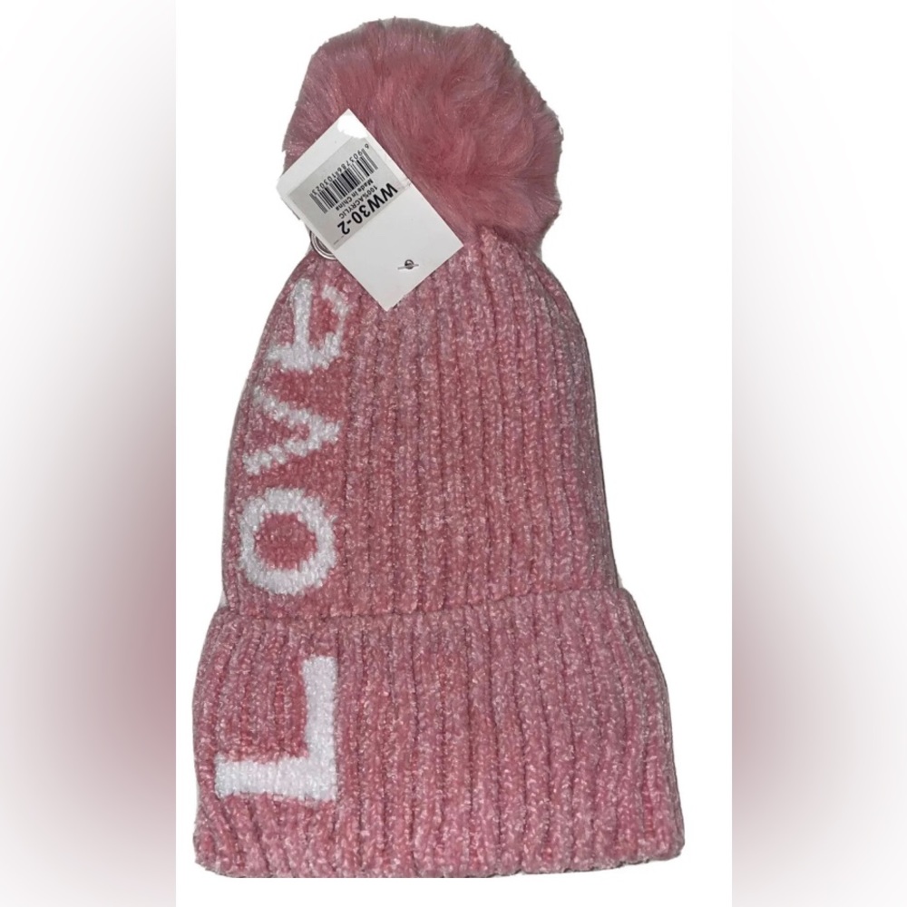 LOVE Pink Chenille Knit Winter Beanie Hat With Pom Pom NWT.. One Size